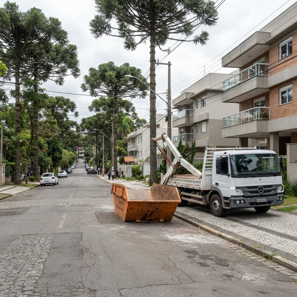 Caçamba de entulho laranja posicionada em uma rua de Curitiba ao lado de caminhão de entrega